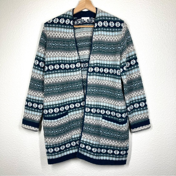J. Jill Long Cardigan Fair Isle Patch Pocket Open Front Duster Small Petite Blue - Picture 3 of 16